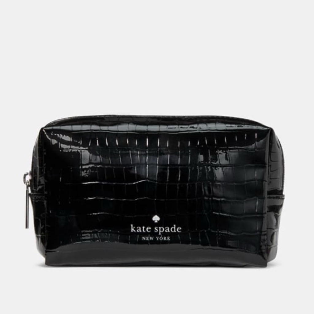 New Kate Spade Small Black Croc Embossed Paten Pouch 6"X 2" X 4"